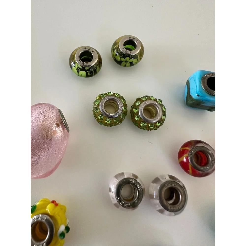 Slider Bead lot 15 Pink Heart Glass Silver 925 Charm Crystals Cupcake Multicolor